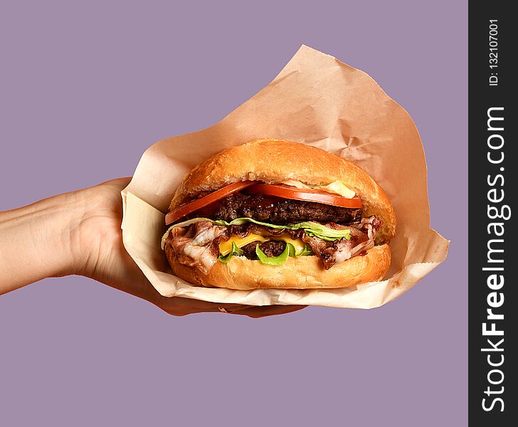 Woman hands hold big cheese burger barbeque sandwich with marble beef on purple background