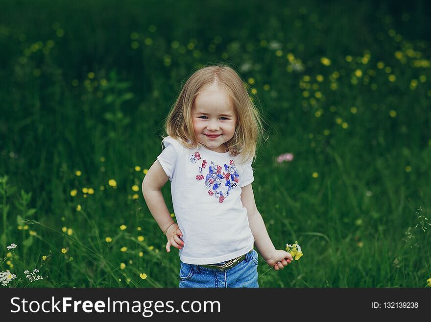 Beautiful little girl in the meadow near tree posing and smiling. Beautiful little girl in the meadow near tree posing and smiling