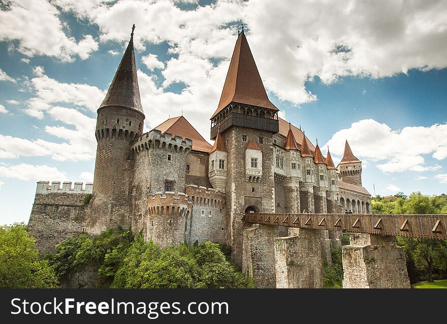 Hunyad Castle - Beautiful panorama of the Corvin Castle. Romania. Hunedoara.