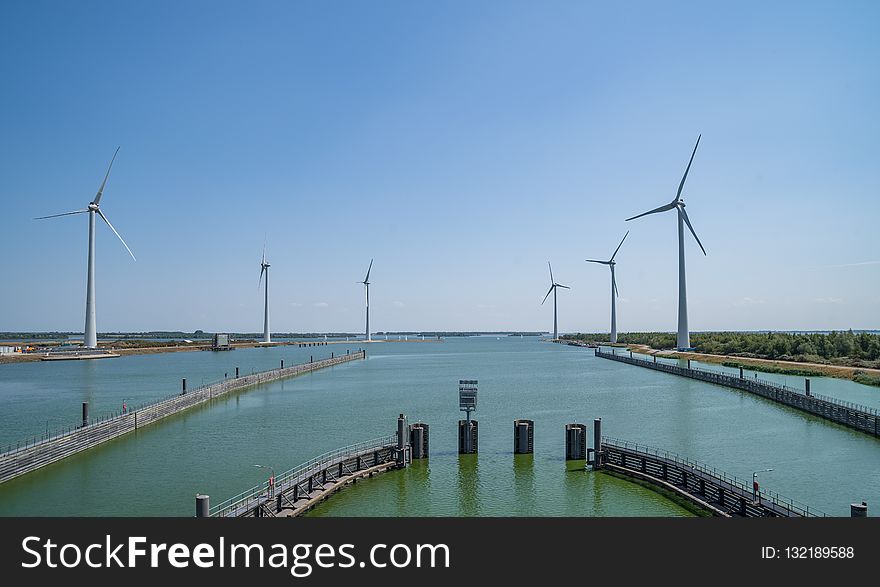 Windmill, Waterway, Wind Farm, Wind Turbine