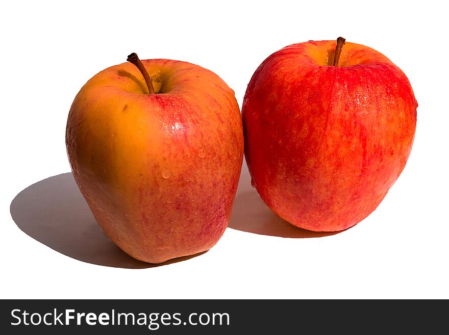 Image of two wet red apples in the sunshine with their shadows isolated in white background. Image of two wet red apples in the sunshine with their shadows isolated in white background.