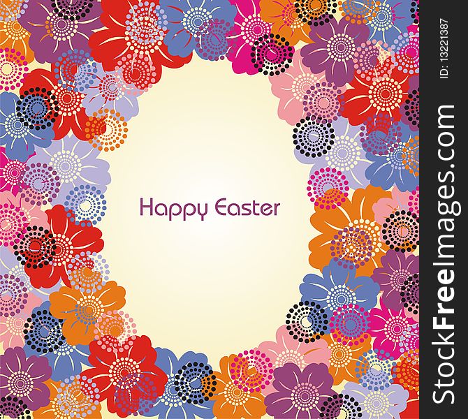 Postcard with Easter egg and colorful flowers. Postcard with Easter egg and colorful flowers.