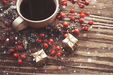 Christmas Background And Happy New Year, Gift Boxes, Decorations, Cup Of Coffee, Selective Focus Holiday Stock Photos