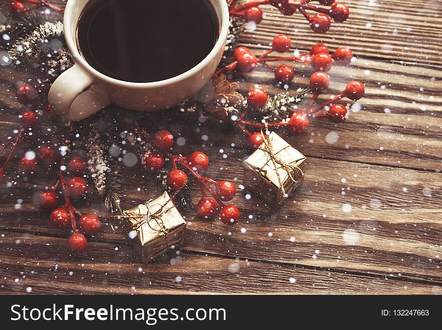 Christmas background and happy New Year, gift boxes, decorations, cup of coffee, Selective focus Holiday