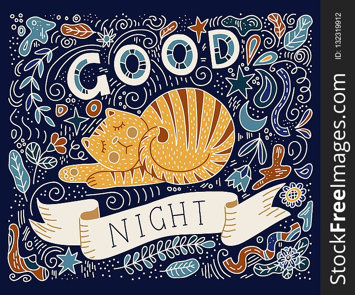Colorful vector illustration of hand lettering text - good night. Sleeping cat surrounded by twigs, flowers, dots, curls. Line art