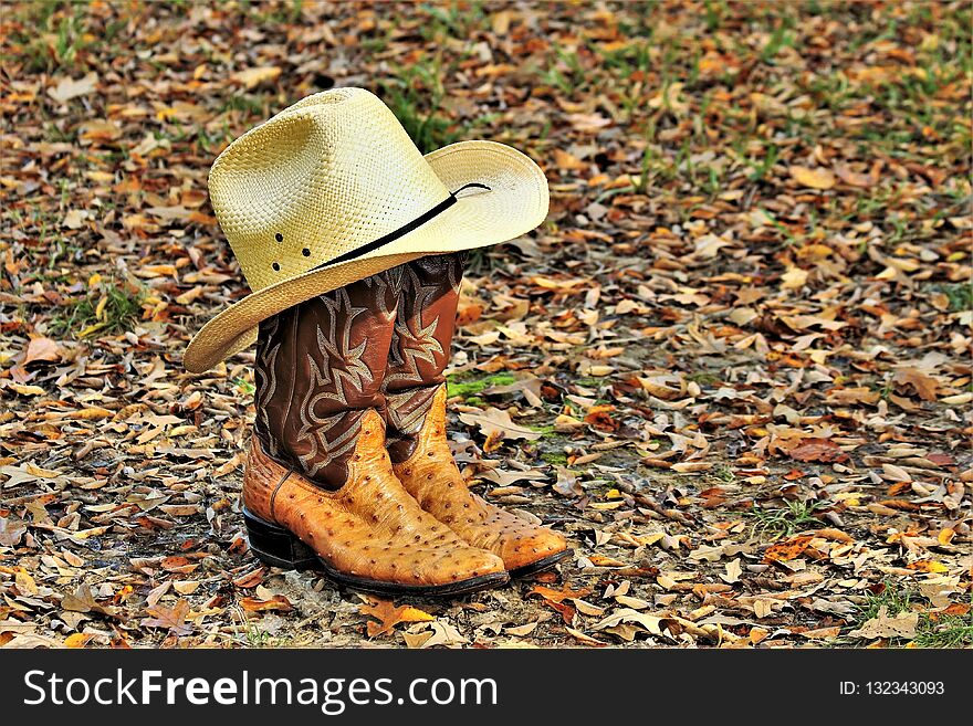 Cowboy Boots and Hat in Autumn Leaves