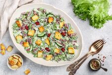 Delicious Healthy Salad Of Kidney Beans, Lettuce, Cucumber With Bread Croutons Stock Photo