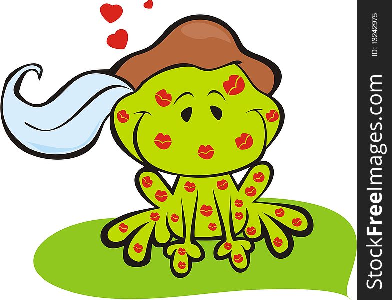 Illustrated frog prince wearing a hat with lipstick kisses and floating hearts. Illustrated frog prince wearing a hat with lipstick kisses and floating hearts.