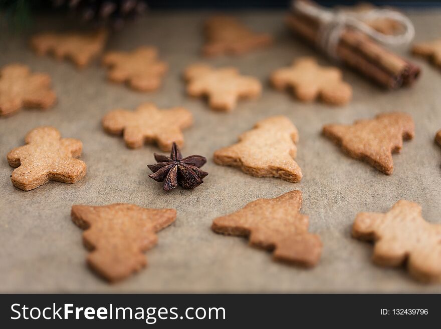 Gingerbread Cookies With Spices. Gingerbread Cookie Man And Christmas Trees