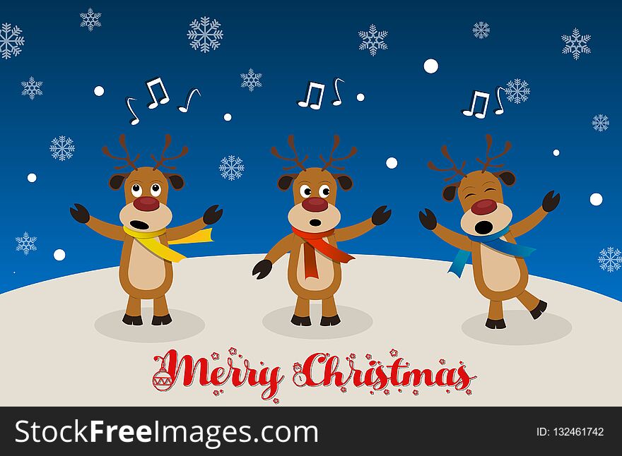 A group of four cute reindeer singing Christmas carols on a snowy background. Ai file available. A group of four cute reindeer singing Christmas carols on a snowy background. Ai file available.