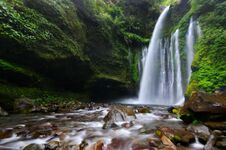 Tiu Kelep Waterfall Near Rinjani, Senaru Lombok Indonesia. Southeast Asia. Motion Blur And Soft Focus Due To Long Exposure Shot. Royalty Free Stock Image