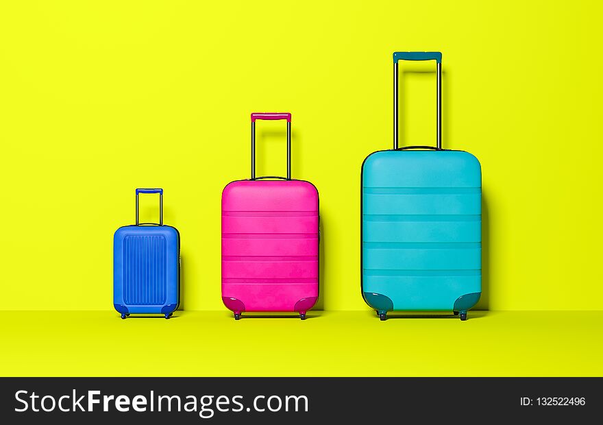 Suitcase on pastel background. Travel concept. Minimal style. Copy space. 3d render illustration