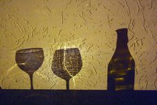 Wine Bottle And Two Glasses Shadow Stock Photos