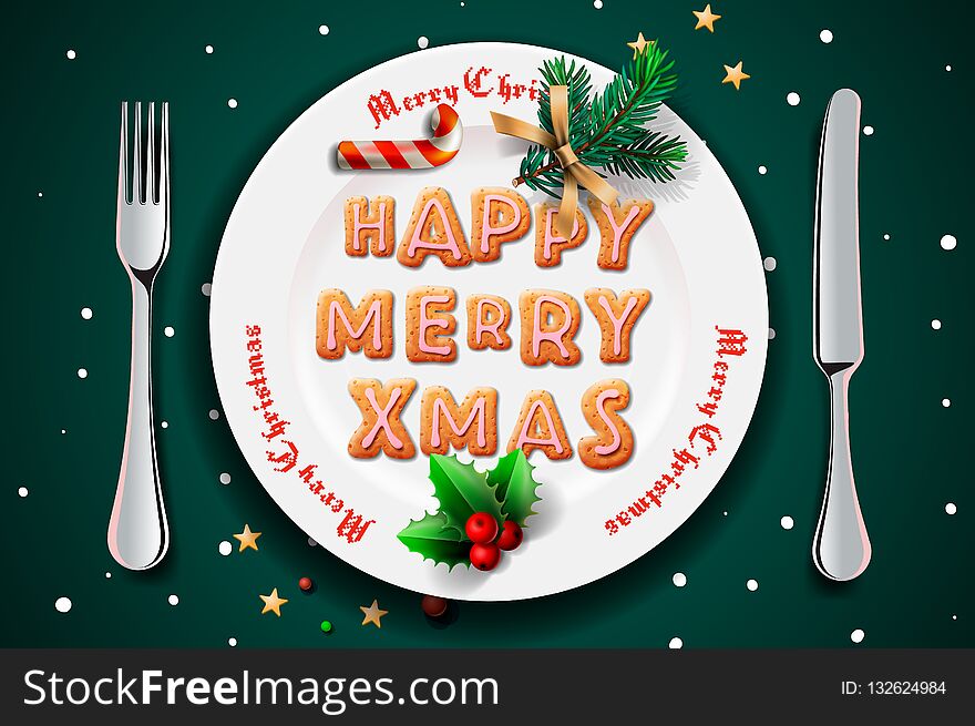 Merry Christmas and Happy New Year 2019, Christmas dinner, vector illustration.