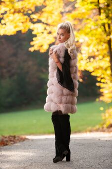 Beautiful Stylish Woman Pose In Park In Early Autumn Royalty Free Stock Image