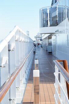 Empty Pleasure Open Deck On Cruise Ship, Vertical Shot, Selective Focus Stock Photo