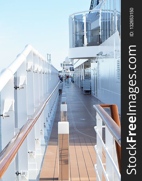 Empty pleasure open deck on cruise ship, vertical shot, selective focus