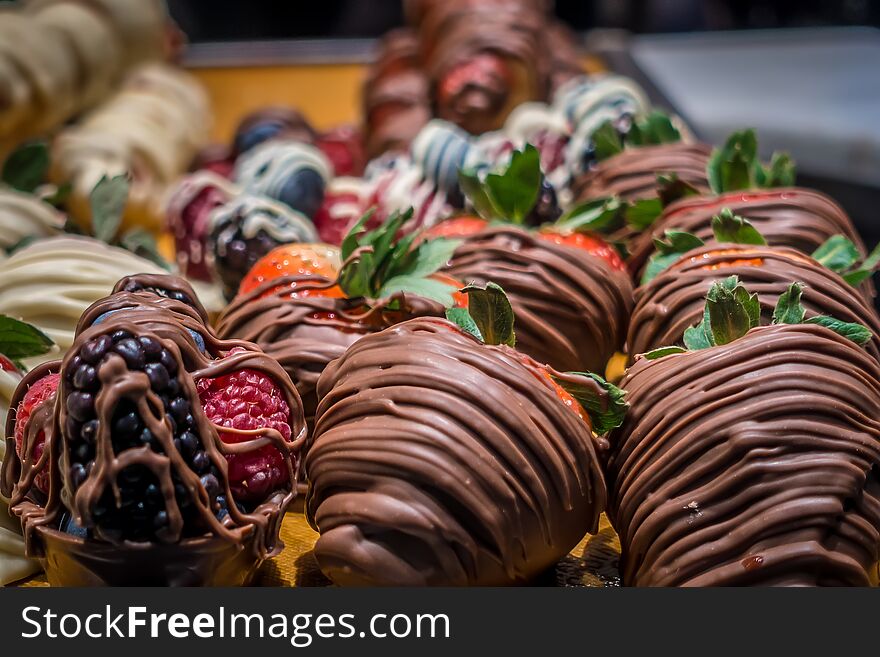 Chocolate covered strawberries on  display in store