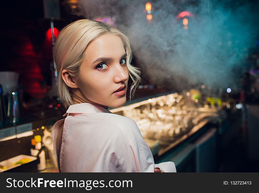 Portrait Of A Girl In A Night Bar, Behind The Counter.