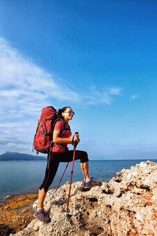 Adventure Trek Along The Coast With A Backpack In The Summer Stock Image Adventure Trek Along The Coast With A Backpack In The Summer Stock Image