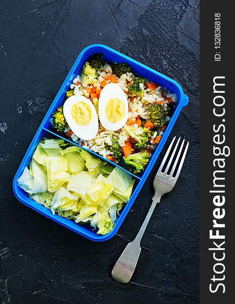 Diet food in lunch box, fresh dinner food