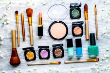 Make Up Set With Decorative Cosmetics On Woman Table Background Stock Image