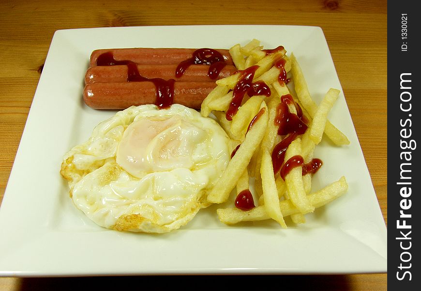 A power packed breakfast of egg, sausages and fried