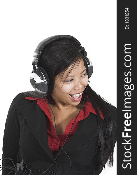 Woman listening to music over white background