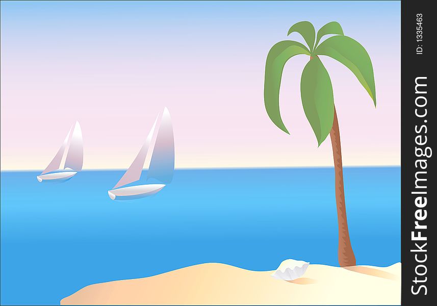 Tropical island illustration with sailboats