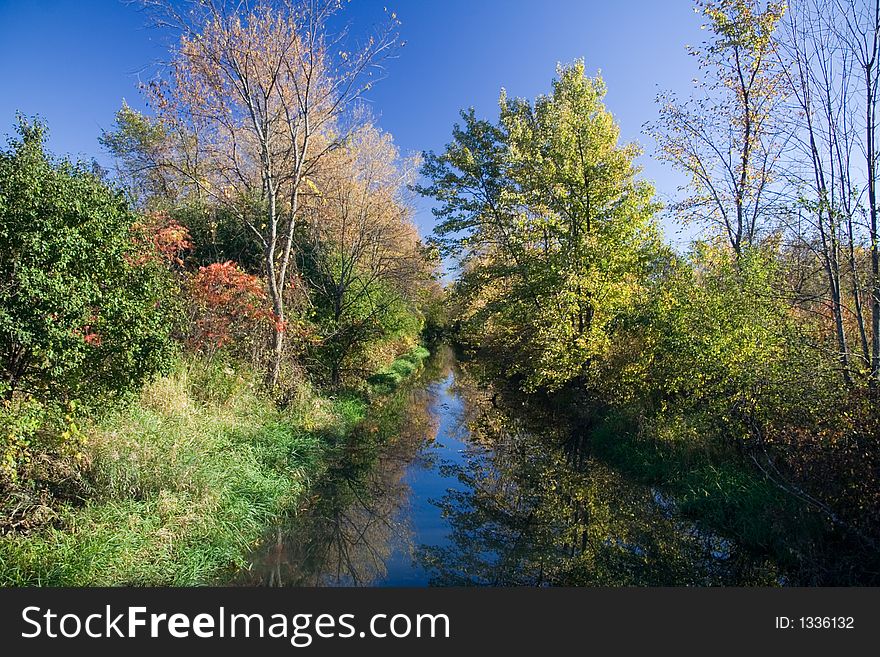 A forested river in Autumn. A forested river in Autumn