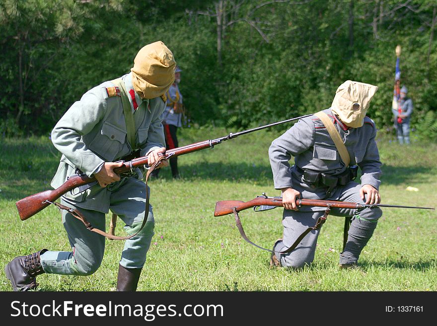 Soldiers with gas mask in battle demonstrative show from first world war