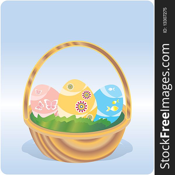 Basket with Easter painted eggs on a blue background. Basket with Easter painted eggs on a blue background