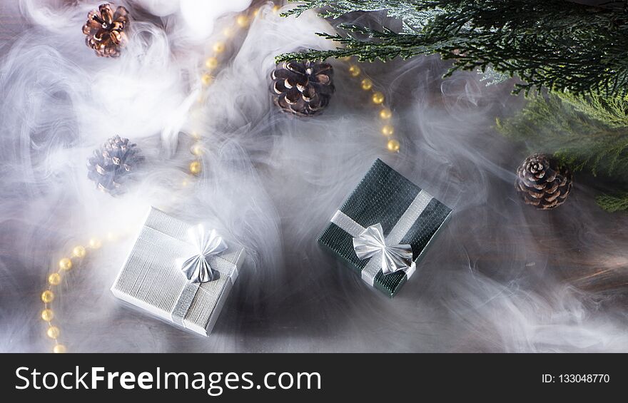 New Year S Background With Gifts, Conifer Branches
