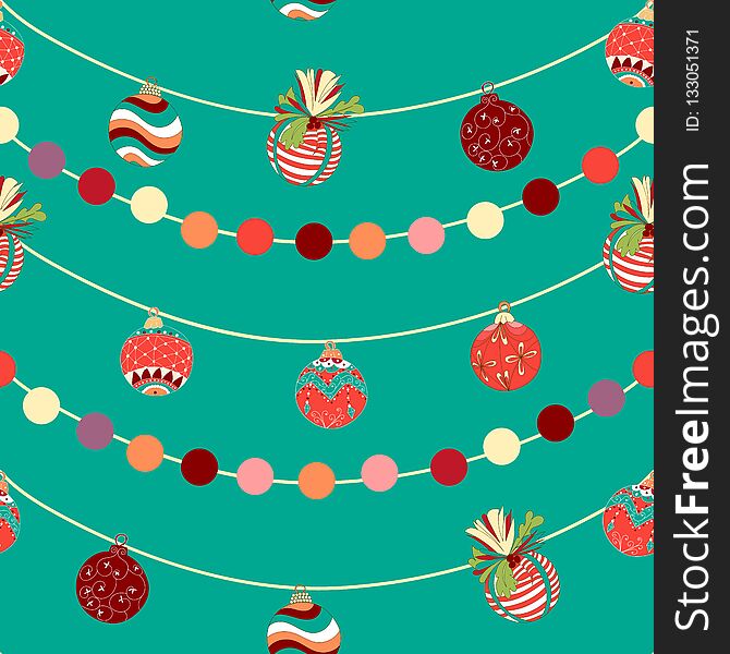 Vintage Hand Drawn Christmas Balls On Tree Seamless Pattern Vector