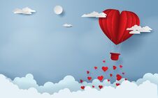 Paper Art, Craft Style Of Red Balloon Flying On The Sky, Happy Valentine`s Day Stock Photo