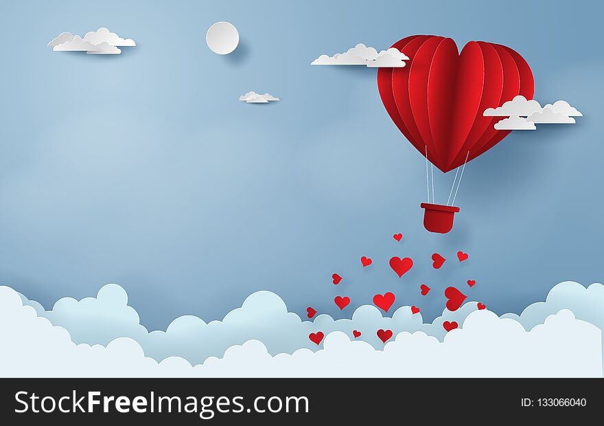 Paper art, Craft style of Red balloon flying on the sky, Happy Valentine`s Day, Copy Space for your content