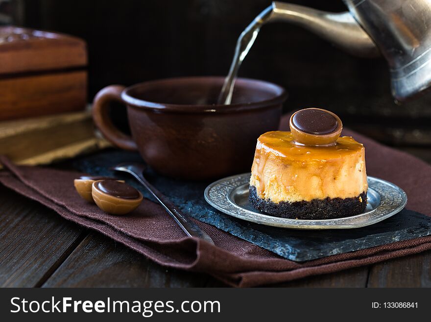 Heaps Of Various Cheesecake Is One Type Of Chocolate Cake. Vintage Tone. Christmas Orange Cheesecake With Mascarpone. Festive Chri