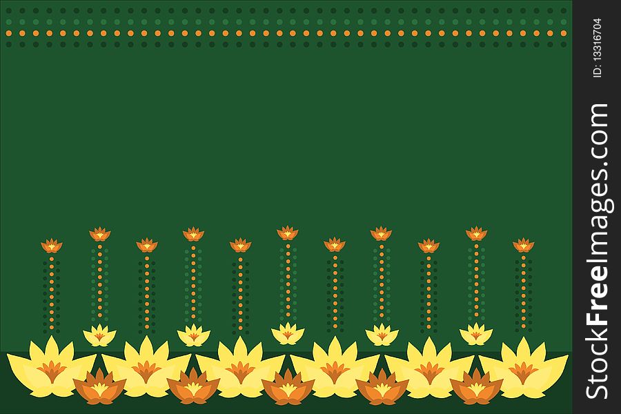 Dark green background with yellow and orange flowers and rows of dots. Dark green background with yellow and orange flowers and rows of dots.