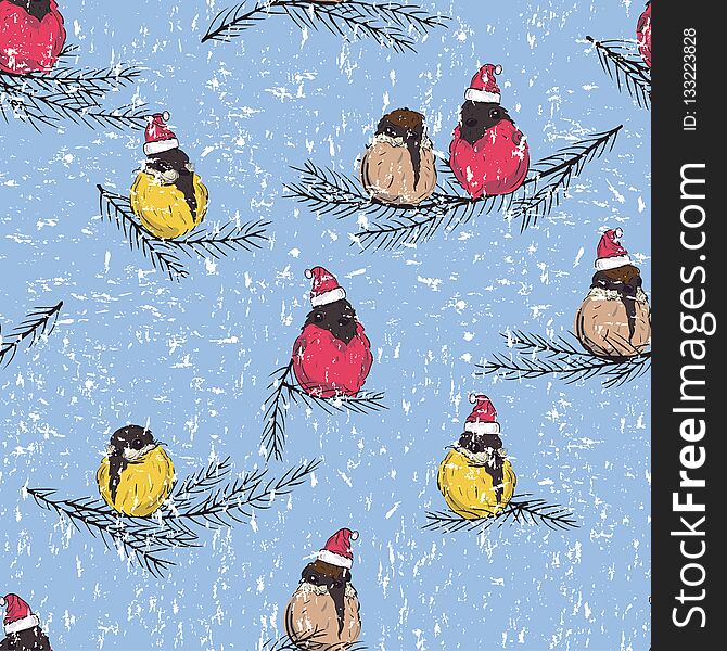 Titmouse, bullfinch. Winter Birds seamless pattern. Birds in Santa Claus hat. BIrds sitting on eve branch