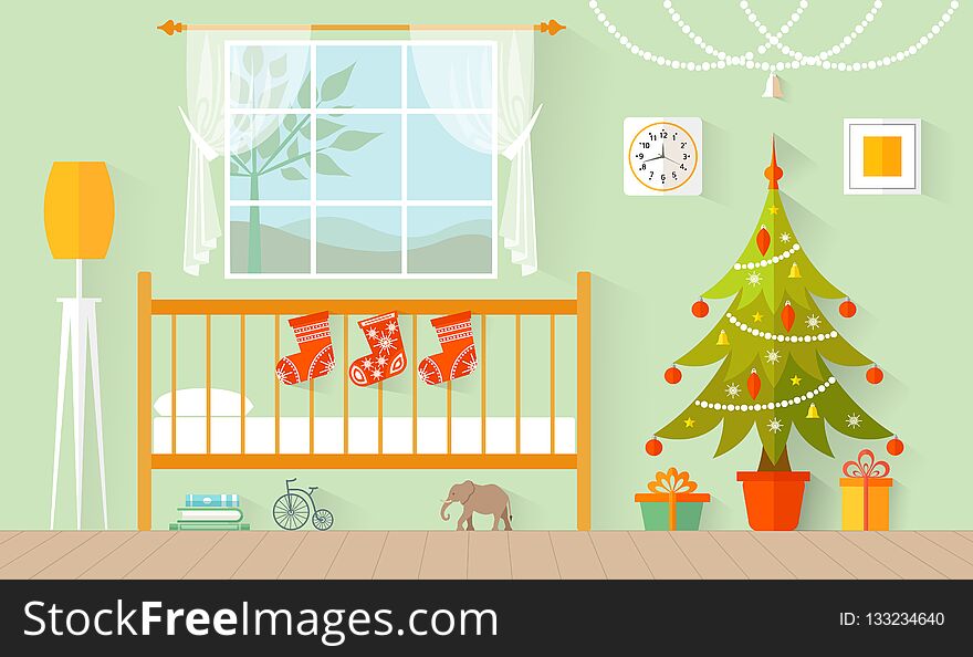 Children`s room decorated for Christmas and the new year. Interior nursery in flat style with a Christmas tree and gifts. Children`s room decorated for Christmas and the new year. Interior nursery in flat style with a Christmas tree and gifts