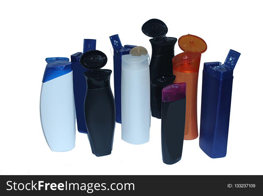 Hair shampoo bottles standing in