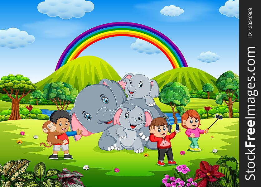 Illustration of Kids having fun selfie photo with elephant in beautiful nature