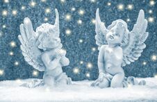 Little Guardian Angels Snow Golden Lights Christmas Decoration Stock Photos