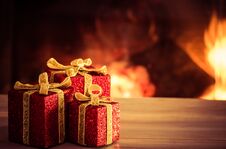 Christmas Decoration With Blurred Fireplace In The Background. Stock Images