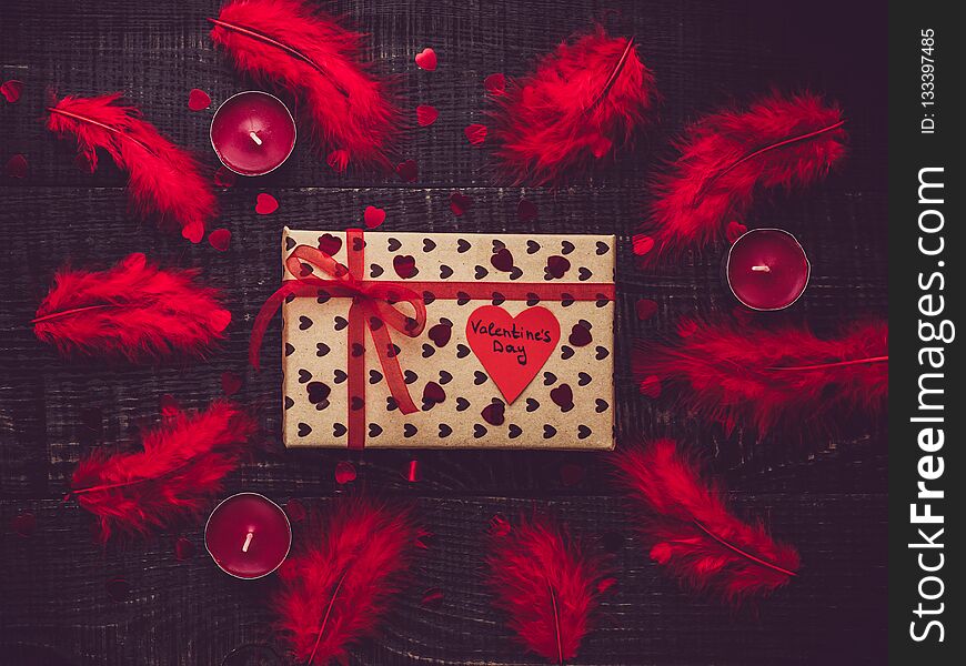 Colorful box with a gift for Valentine`s Day