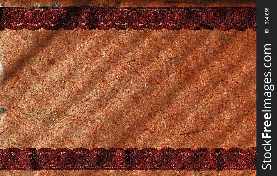 Rust banana bark paper background with brown lace borders and stripes of shadows. Rust banana bark paper background with brown lace borders and stripes of shadows.