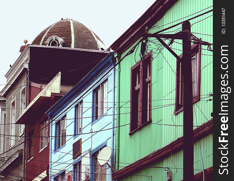 Blue and green houses, Valparaiso, Chile