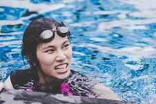 Asian Girl Swimming Pool With Copy Space Stock Image