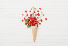 Waffle Cone With Strawberries On Wooden Background Stock Images