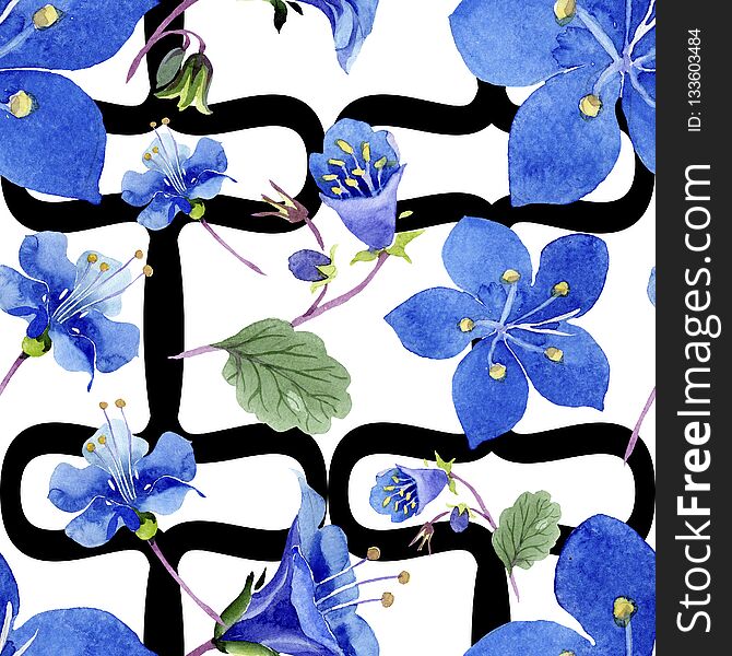 Blue phacelia flower. Watercolor illustration set. Seamless background pattern. Fabric wallpaper print texture.